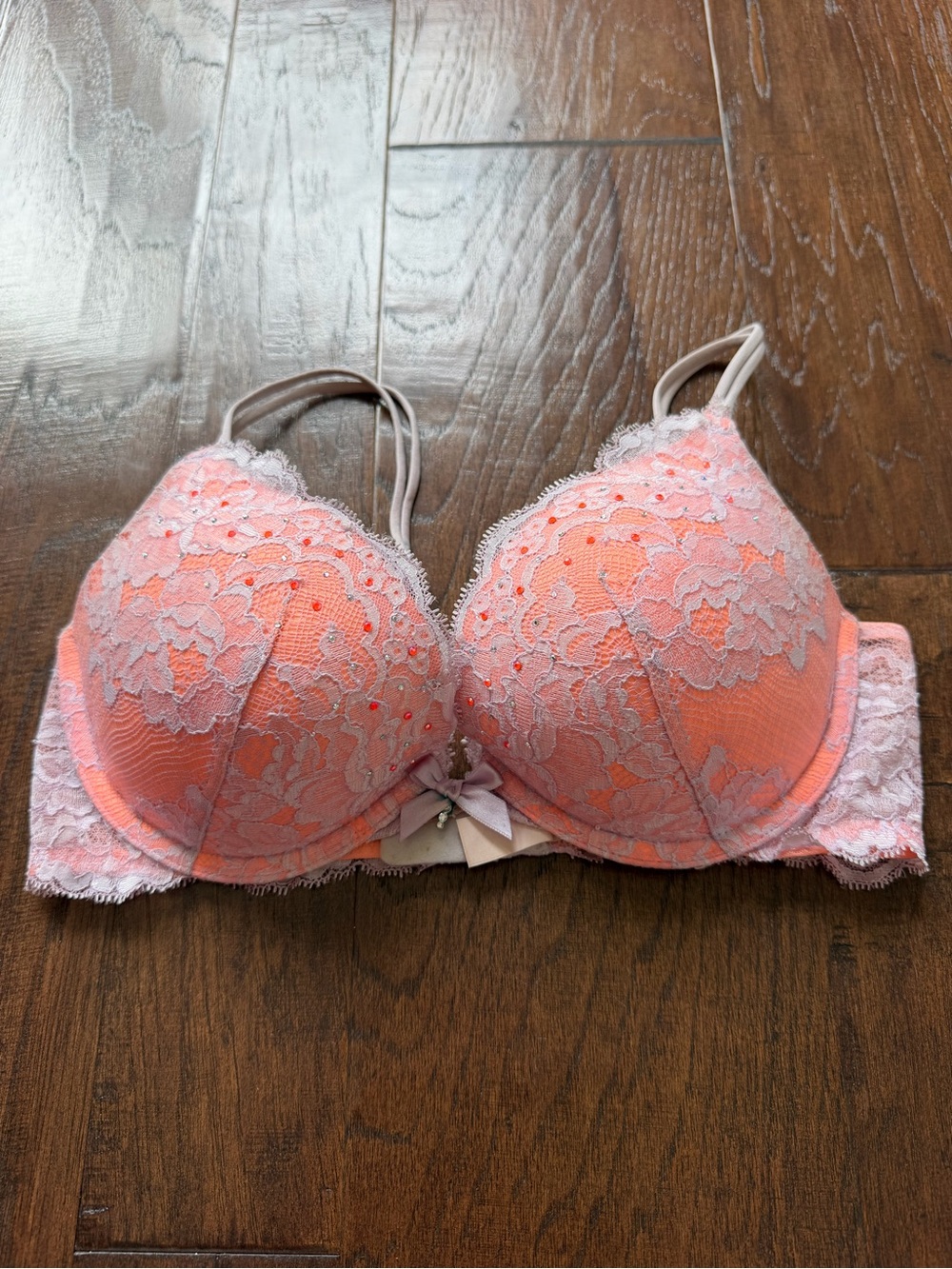 Victoria's Secret Coral Lace Push-Up Bra with Pink Accents